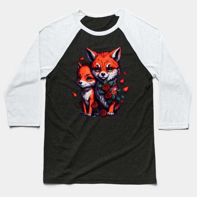 Artistic foxes in roses design Baseball T-Shirt by ArtMichalS